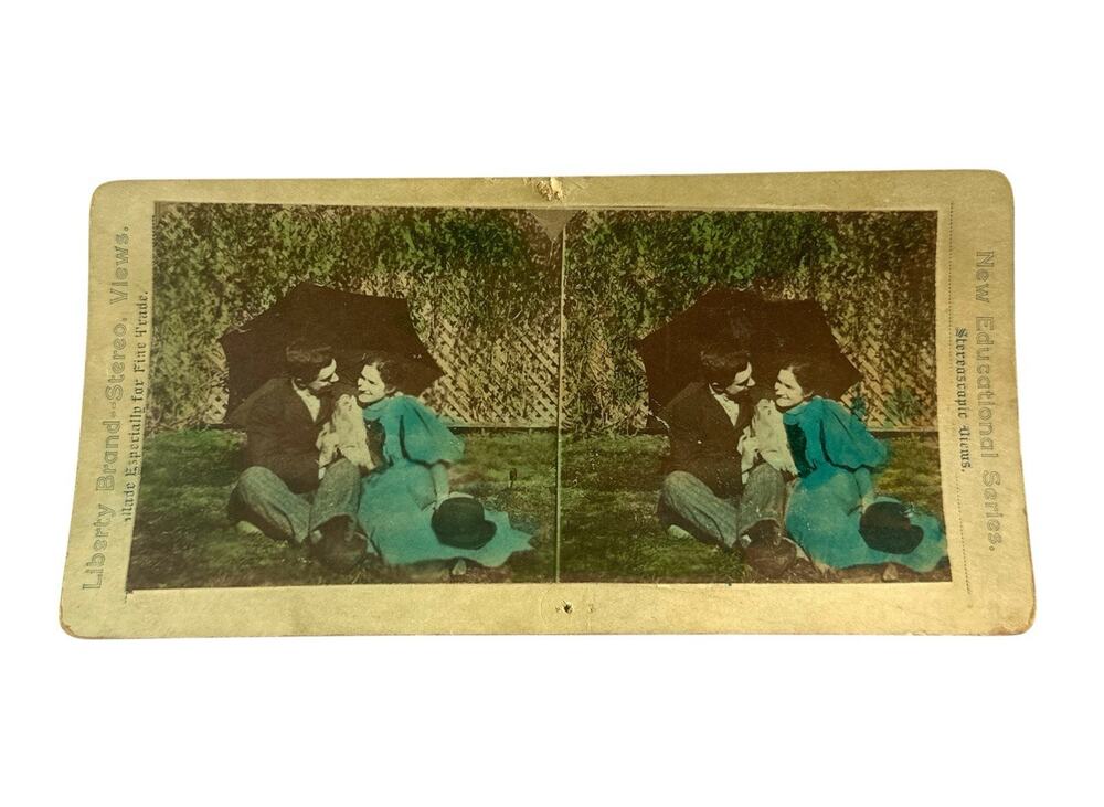 Antique Liberty Brand Stereoview Hand Colored Couple Umbrella Educational
